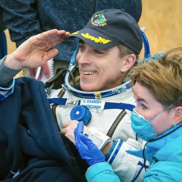 NASA Astronaut and Navy SEAL Chris Cassidy being assisted by recovery teams shortly after his Soyuz MS-16 spacecraft landed in a remote area of Kazakhstan. NASA Astronaut and Navy SEAL Chris Cassidy being assisted by recovery teams shortly after his Soyuz MS-16 spacecraft landed in a remote area of Kazakhstan.