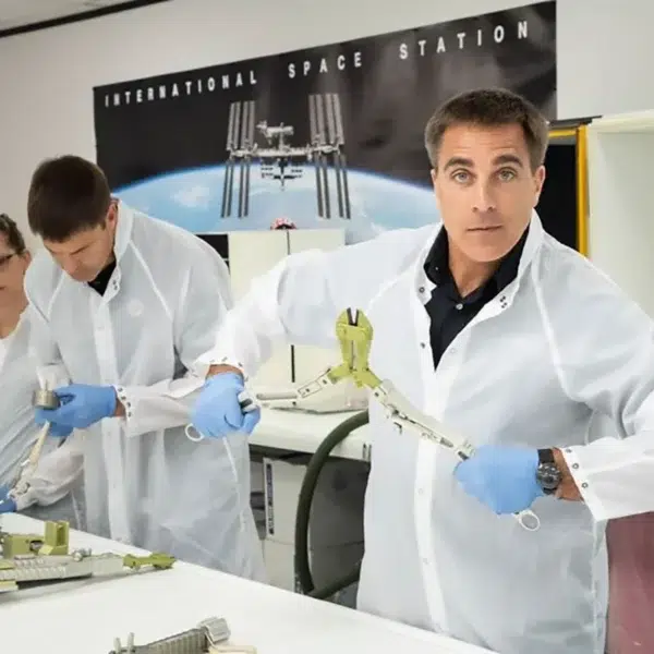 Commander Chris Cassidy Reviewing Specialty ISS Mission Tools NASA Astronaut Chris Cassidy in protective lab gear, examining heavy-duty specialty tools during a 2019 technical review for an International Space Station mission.