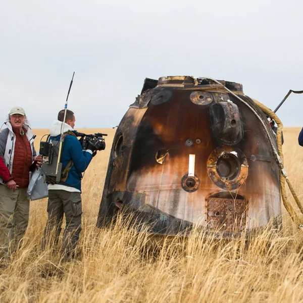 The charred Soyuz MS-16 descent module resting in a remote field in Kazakhstan after successfully returning NASA Astronaut Chris Cassidy to Earth in October 2020. The charred Soyuz MS-16 descent module resting in a remote field in Kazakhstan after successfully returning NASA Astronaut Chris Cassidy to Earth in October 2020.