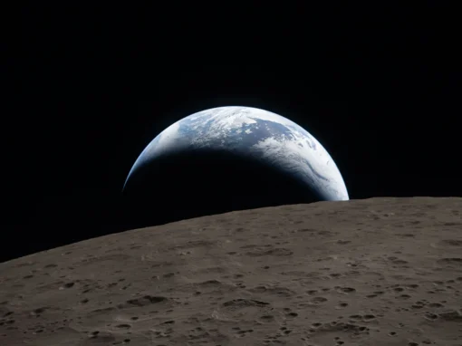 Earthset, photo courtesy of NASA Earthset captured through the Orion spacecraft window at 6:41 p.m. EDT, April 6, 2026, during the Artemis II crew’s flyby of the Moon. A muted blue Earth with bright white clouds sets behind the cratered lunar surface. The dark portion of Earth is experiencing nighttime. On Earth’s day side, swirling clouds are visible over the Australia and Oceania region. In the foreground, Ohm crater has terraced edges and a flat floor interrupted by central peaks—formed when the surface rebounded upward during the impact that created the crater.